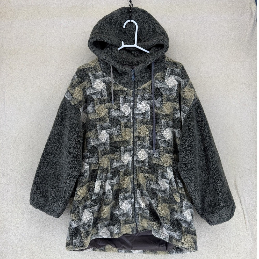 IZZI Outerwear Geometric Pattern Fleece Hoodie Jacket Zip‎ Up Gray Tan White